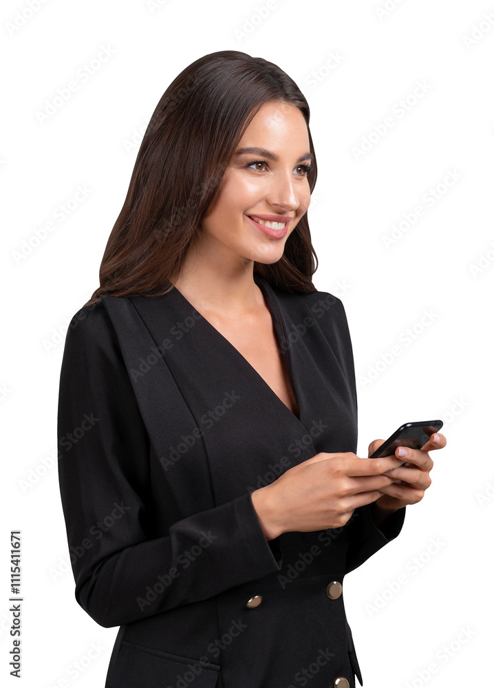 Smiling woman holding a smartphone, dressed informal attire, standing isolated on a white background. Concept of communication and technology Smiling woman holding a smartphone, dressed informal attire, standing isolated on a white background. Concept of communication and technology