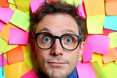 A young Caucasian man with glasses surrounded by colorful sticky notes, portraying a quirky and creative mood. photo