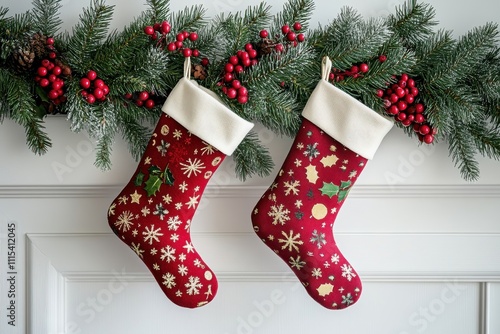 Festive red Christmas stockings hang on a beautiful garland adorned with holly and berries near a white door