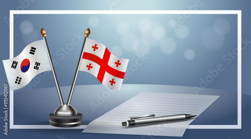 South Korea and  Georgia Republic Small national flag on bokeh background, cooperative relationship