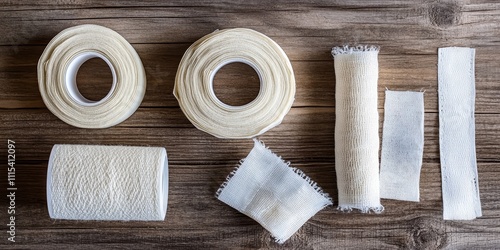 Gauze bandage with tape is arranged on a wooden floor. This top view showcases the gauze bandage alongside tape, emphasizing the materials often used in first aid and wound care. photo