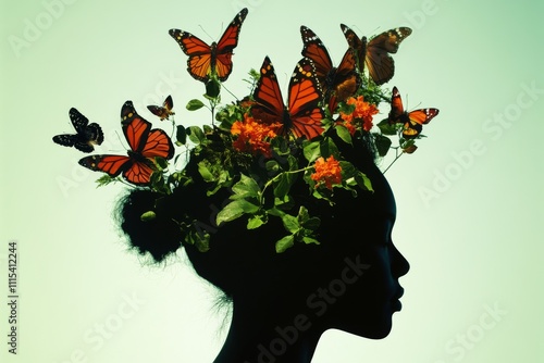 Silhouette of a Black female profile adorned with butterflies and vibrant flowers, symbolizing beauty and transformation. photo