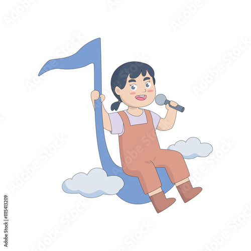 A cute little girl is sitting and singing on musical scales and clouds