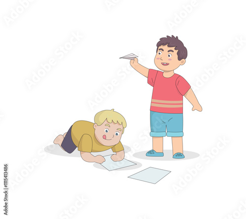 Two little boys are making papercrafts in the shape of paper airplanes