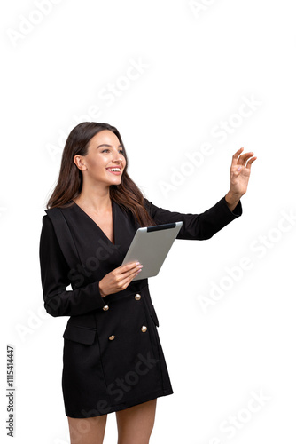 Woman in elegantoutfit holding tablet and gesturing upward, isolated on white background. Concept of modern technology and communication photo