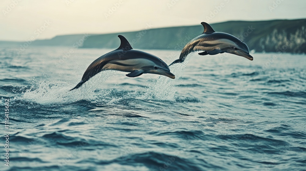 Two dolphins leaping out of the water against a scenic coastal backdrop. Two dolphins leaping out of the water against a scenic coastal backdrop.