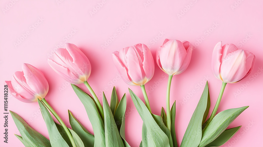 Obraz premium Beautiful composition of spring flowers. Bouquet of pink tulips on pastel pink background.
