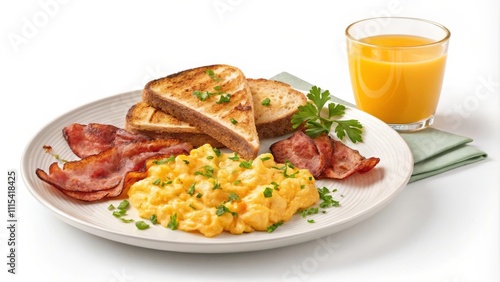 Breakfast plate with scrambled eggs, crispy bacon, toast, and juice