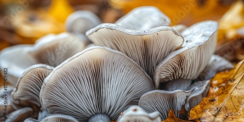 Closeup view of a cluster of grey Clouded Agaric mushrooms, known as Clitocybe nebularis, thriving on the forest floor, showcasing their unique features and natural beauty. photo