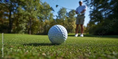 A golfer in mid swing strikes a golf ball as it leaves the tee, showcasing the dynamic movement and excitement of the golf ball s flight. Experience the action of the golf ball in this captivating photo