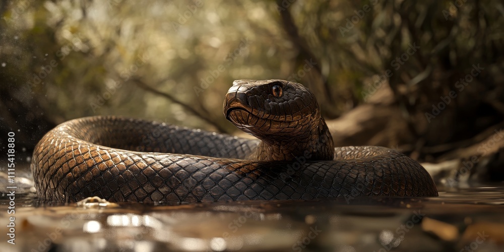 Fototapeta premium Inland Taipan poised in a striking position, showcasing the unique and powerful nature of the Inland Taipan in its natural habitat, ready for action in this captivating moment.
