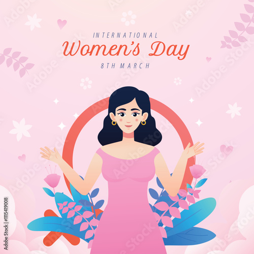 International Womens Day greeting showcasing a woman in a pink dress surrounded by flowers. Suitable for celebrating womens achievements.