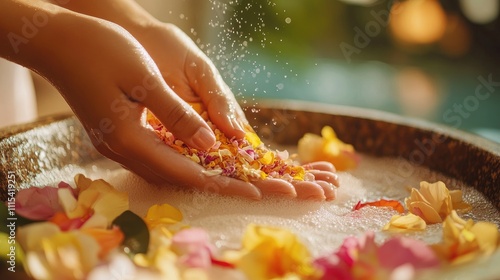 Relaxing Hand Care Ritual with Flower Petals and Bubbles in Bowl
