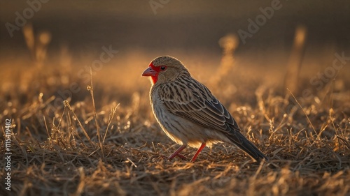 A Red-billed Quelea bird perched in dry grass at sunset. Warm, golden light illuminates the scene. photo