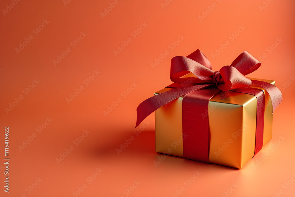 Fototapeta premium Gold gift box with red ribbon bow