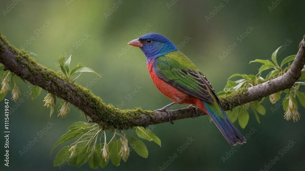 Obraz premium Vibrant Painted Bunting perched on a mossy tree branch with green leaves. Colorful bird in nature.