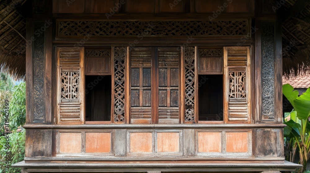 Fototapeta premium Traditional Wooden House with Intricate Carvings and Open Windows