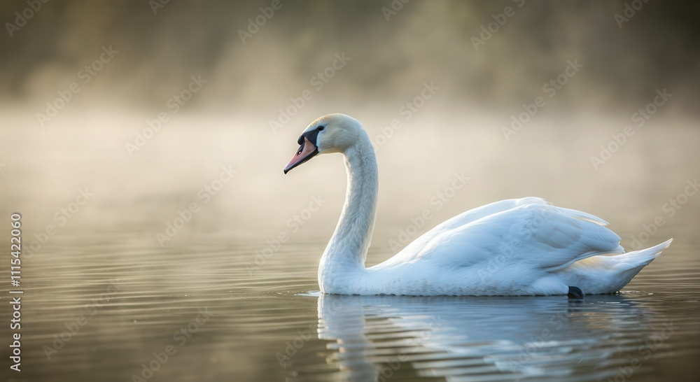 Obraz premium Graceful swan gliding on misty lake during tranquil morning