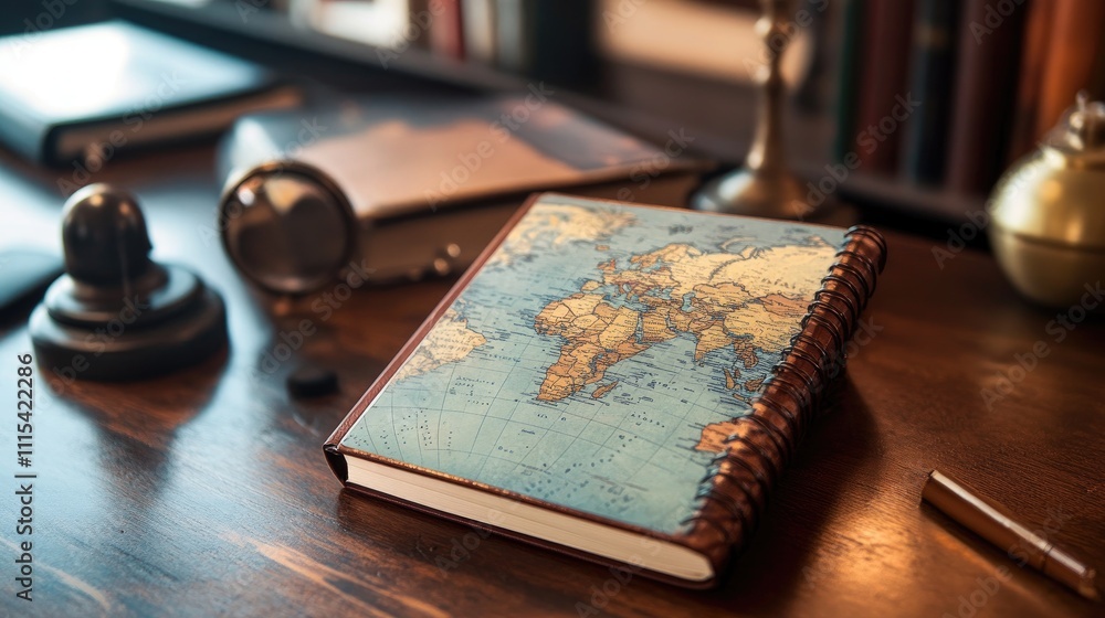 Fototapeta premium Vintage Map Notebook on Desk with Antique Items and Warm Lighting