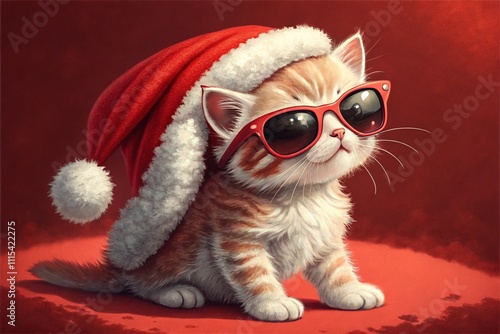 A playful cat wearing a Santa hat and sunglasses, surrounded by festive decorations and gifts. The vibrant Christmas theme captures a mix of humor and holiday cheer, perfect for a joyful celebration. photo