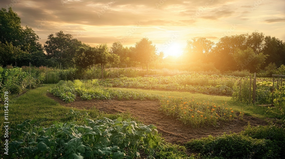 Obraz premium Serene Garden Landscape at Sunset with Lush Green Vegetation