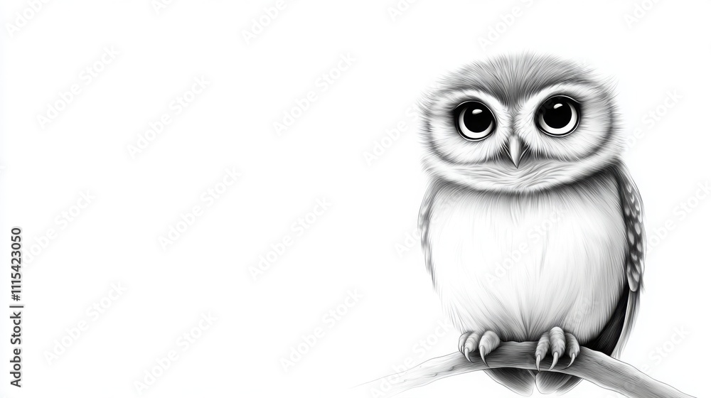 Obraz premium ink illustration of a small owl perched on a branch, fine lines, white background