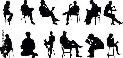 Set of black silhouette illustrations of people seated in various poses, perfect for architectural plans, presentations, and design projects.