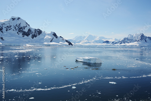 A group of people kayaking amongst icebergs in a bay in Antarctica