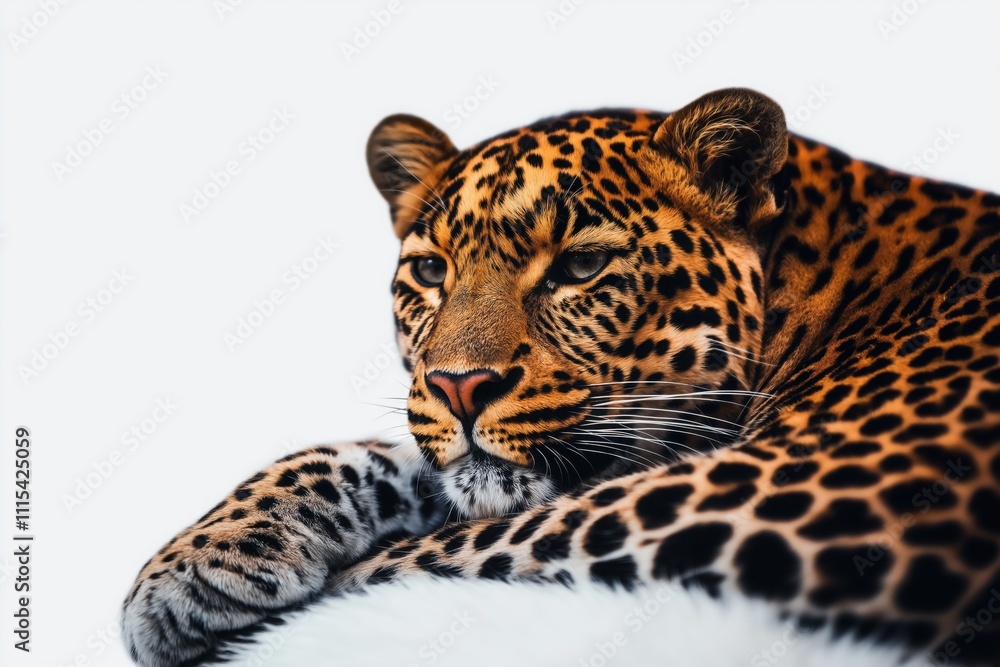 Obraz premium Studio photo of a leopard isolated against a white background. Wildlife and conservation concept, space for copy.