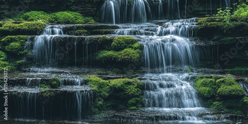 Close up view of a waterfall featuring streams cascading over lush green moss, highlighting the vibrant textures and natural beauty of the waterfall in a serene setting.
