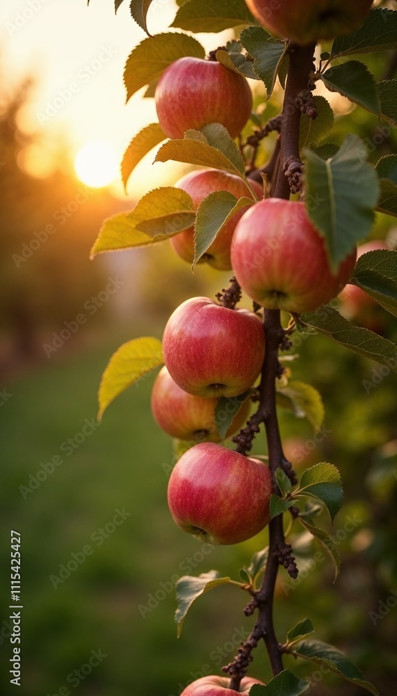 Fresh apples hanging from a tree branch in a sunlit orchard during sunset Fresh apples hanging from a tree branch in a sunlit orchard during sunset