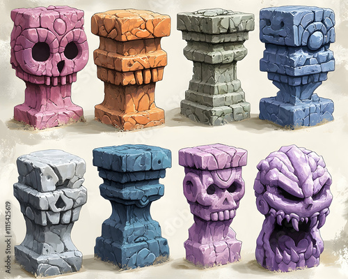 Eight stylized stone pillars with carved faces.