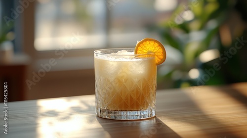 Refreshing citrus cocktail in a glass with ice and orange slice. photo