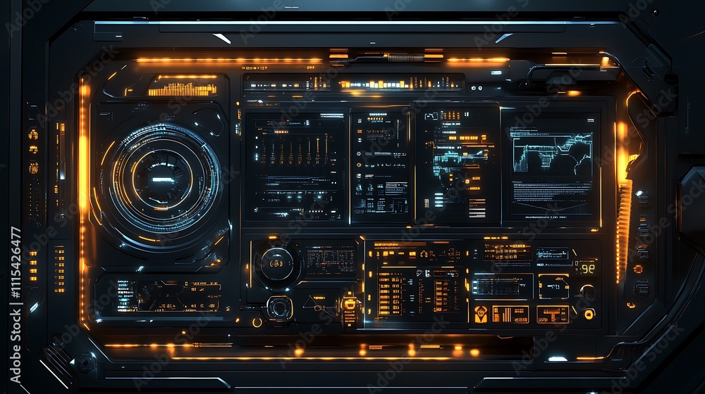 Futuristic control panel with glowing interfaces and data displays. Futuristic control panel with glowing interfaces and data displays.