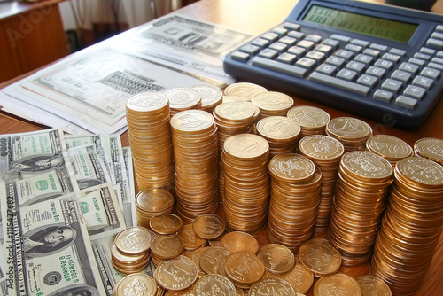 A calculator, coins, and bills highlight the importance of financial literacy, budgeting, and making informed financial decisions to build wealth and security.