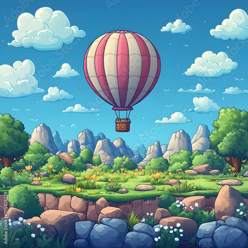 Hot air balloon soaring over scenic landscape.