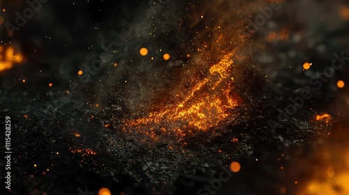 Fiery embers glowing in dark ashes, sparks fly.