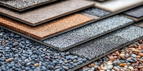 Gravel and floor tiles arranged in a stacked formation, showcasing the textures and colors of gravel and floor tiles in a visually appealing display for use in various design contexts.