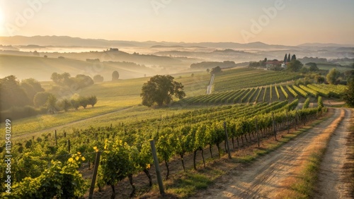 Wallpaper Mural Scenic vineyard at sunrise with rows of grapevines and mist Torontodigital.ca