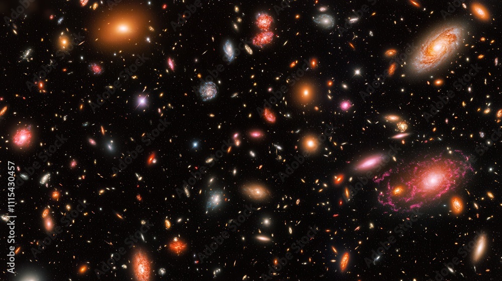 Obraz premium A vibrant deep space image showcasing a vast expanse of colorful galaxies, nebulae, and stars.