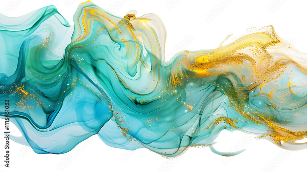 Fototapeta premium Blue, Green, Gold liquid colour mixed isolated on a transparent background