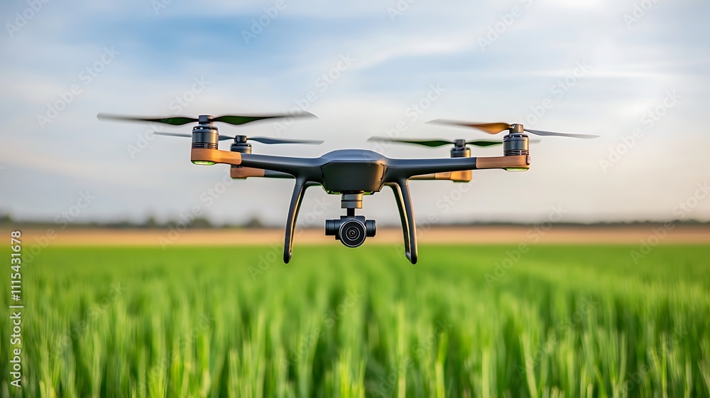 The drone gracefully hovers above the vast expanse of the open field, its camera capturing each detail of the agricultural landscape below during the survey. The drone gracefully hovers above the vast expanse of the open field, its camera capturing each detail of the agricultural landscape below during the survey.