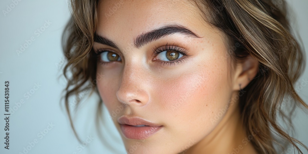 Naklejka premium Captivating close-up of a young woman showcasing natural beauty and radiant skin tone
