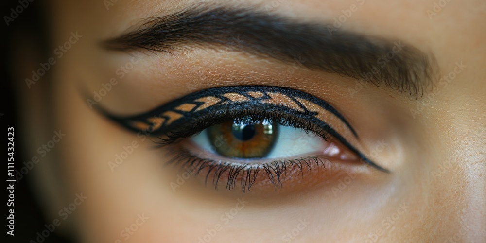 Fototapeta premium Artistic eye makeup showcasing intricate designs highlighting natural beauty and creativity during a vibrant fashion showcase
