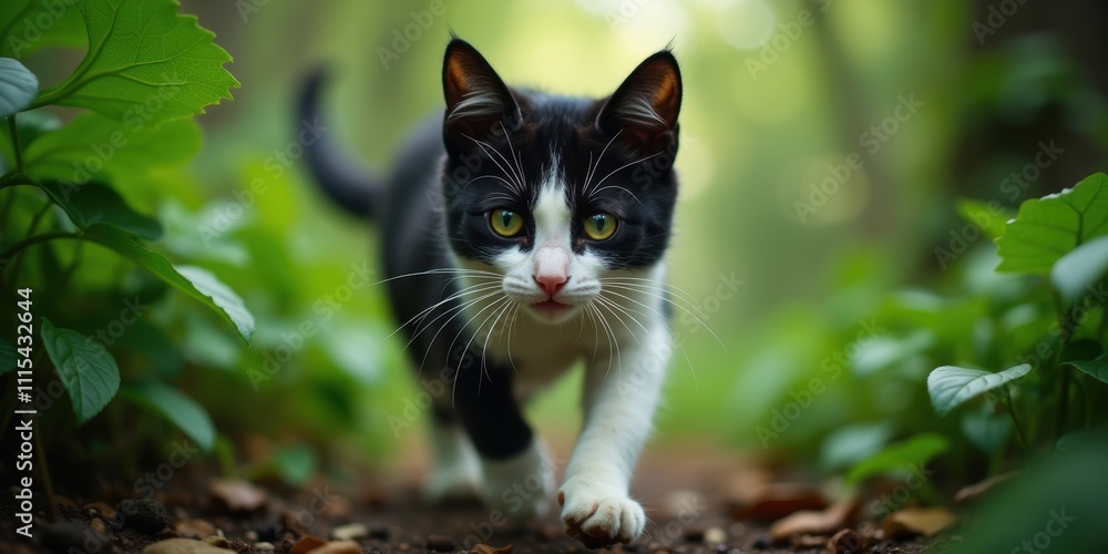 Fototapeta premium A curious black and white cat explores a lush green forest, embodying the spirit of adventure and the beauty of nature.