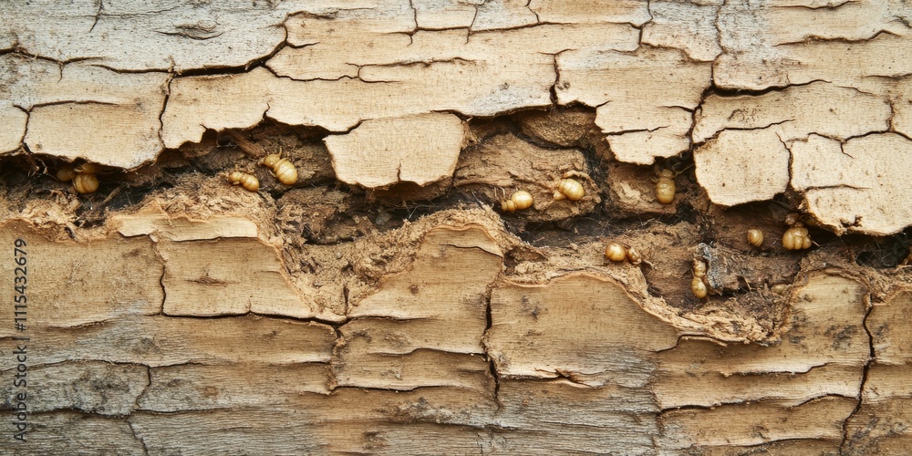 Fototapeta premium Wood texture showing damage caused by termites, illustrating the destructive impact of termites on wood. The wood texture highlights significant termite eaten areas in a detailed manner.