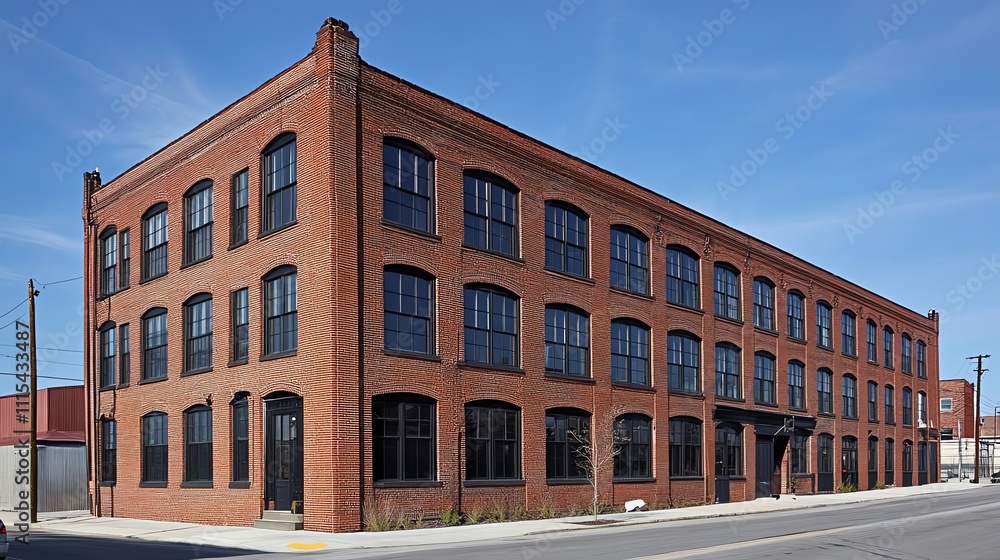 Fototapeta premium Historic brick building with large windows and clear blue sky.