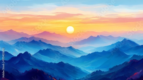 A Mountainous Landscape Painted in Blue Tones with a Yellow Sun