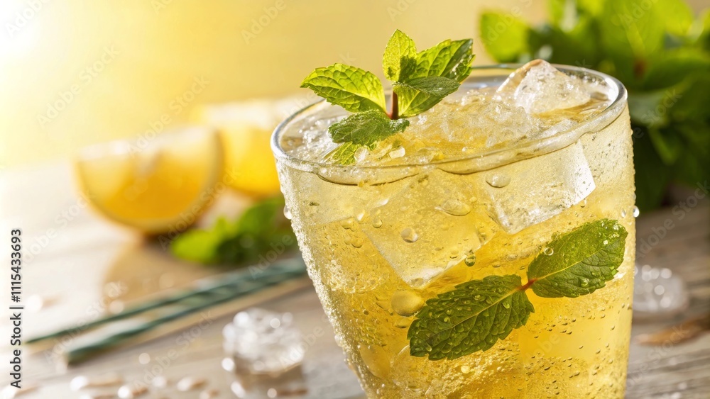 Fototapeta premium Close-Up of Freshly Poured Lemonade with Mint and Ice