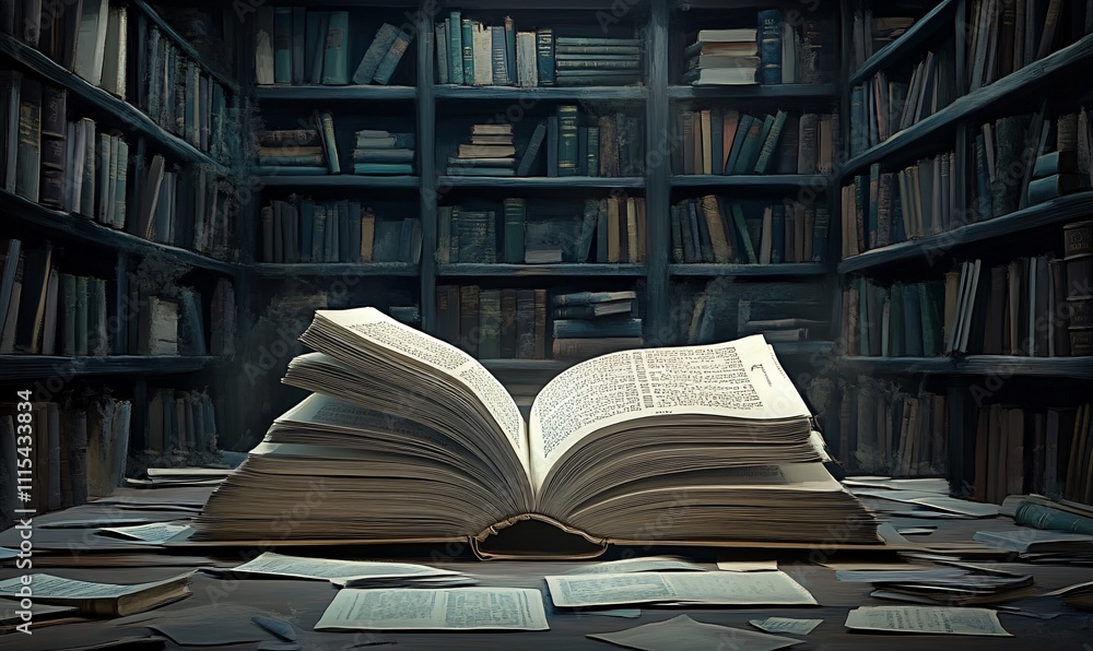 Fototapeta premium An open book resting on a table inside a quiet library, surrounded by shelves of books. The warm, inviting ambiance of the library creates a perfect setting for reading and knowledge sharing, with the